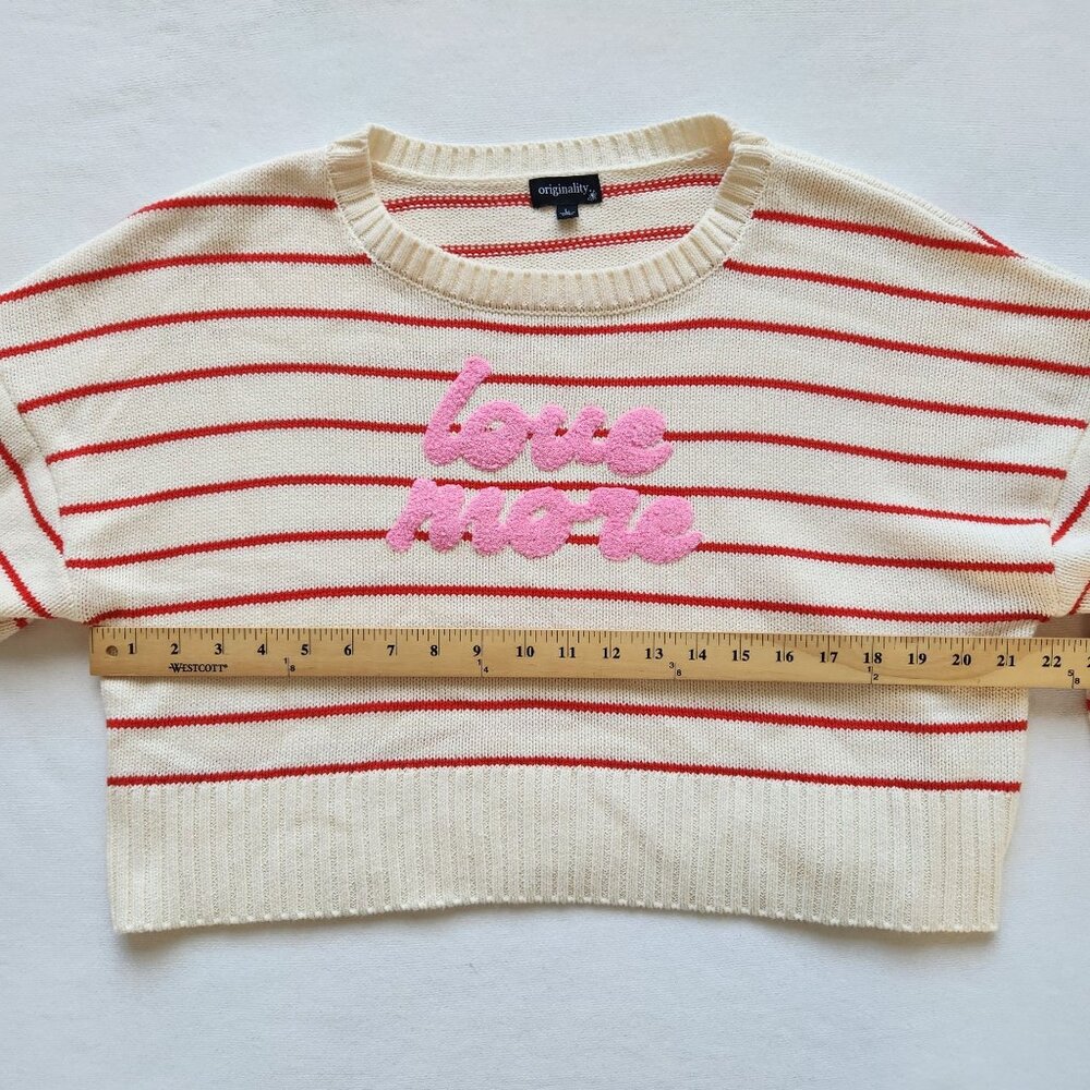 Originality Striped Love More Cropped Sweater Cream Red Knit Preppy Cute Cozy - Picture 8 of 9